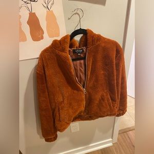 coffee brown fuzzy bomber jacket NWOT